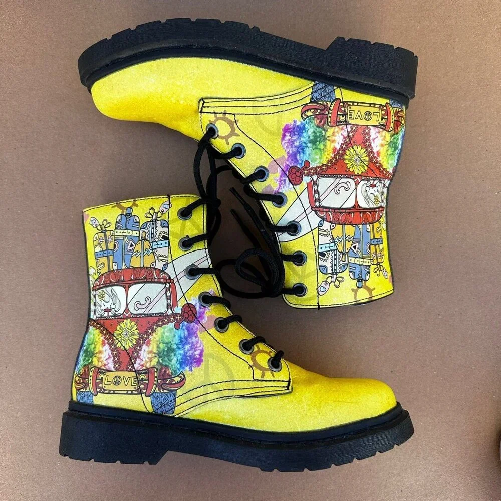 Yes We Vibe Combat Boots Yellow Travel Van Women’s Size 7 EU 38 Vegan Lace Up - Picture 8 of 10